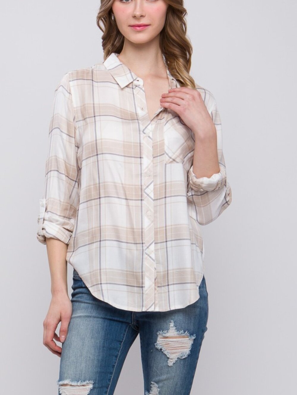 Lightweight Plaid Button-Up - Khaki